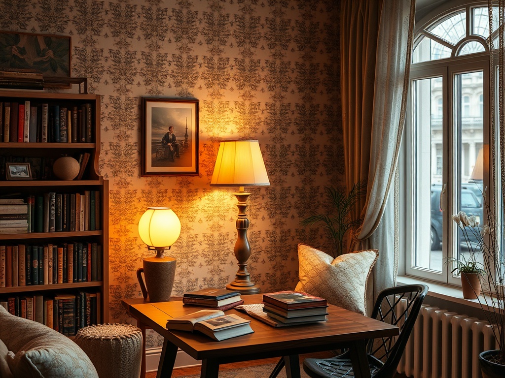Уютная гостиная с книжной полкой, лампами и столом, наполненным книгами и мягким диваном.