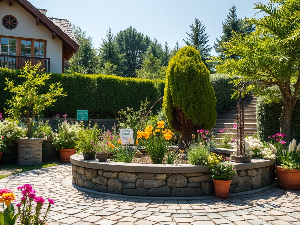 Сад с цветами и зелеными растениями, круглая клумба, каменная ограда и уютный дом на заднем плане.