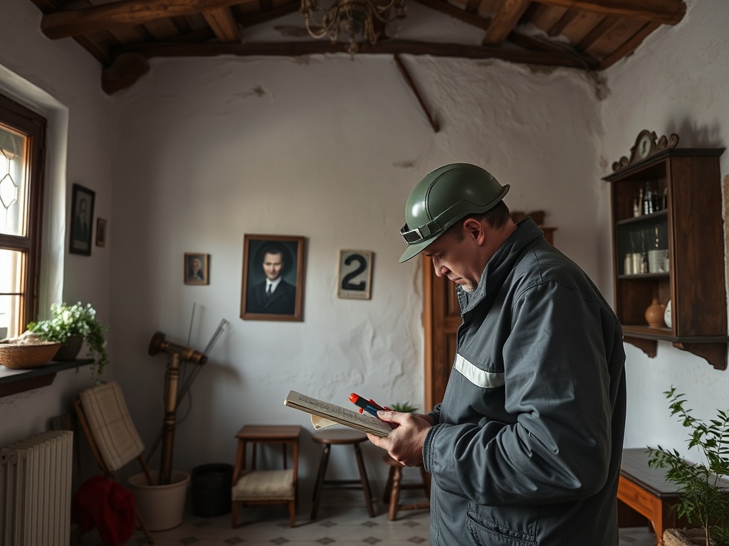 Мужчина в каске читает книгу в комнате с фотографиями на стенах и мебелью в стиле ретро.